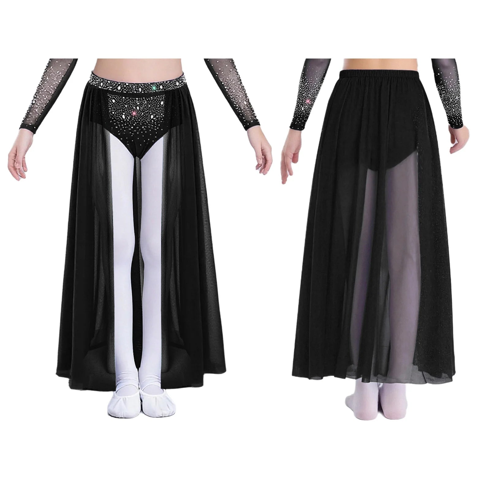 Kids Girls Lyrical Modern Dance Skirt Shiny Rhinestones Open Front Flowy Sheer Mesh Skirt with Built-in Briefs Ballet Dresses