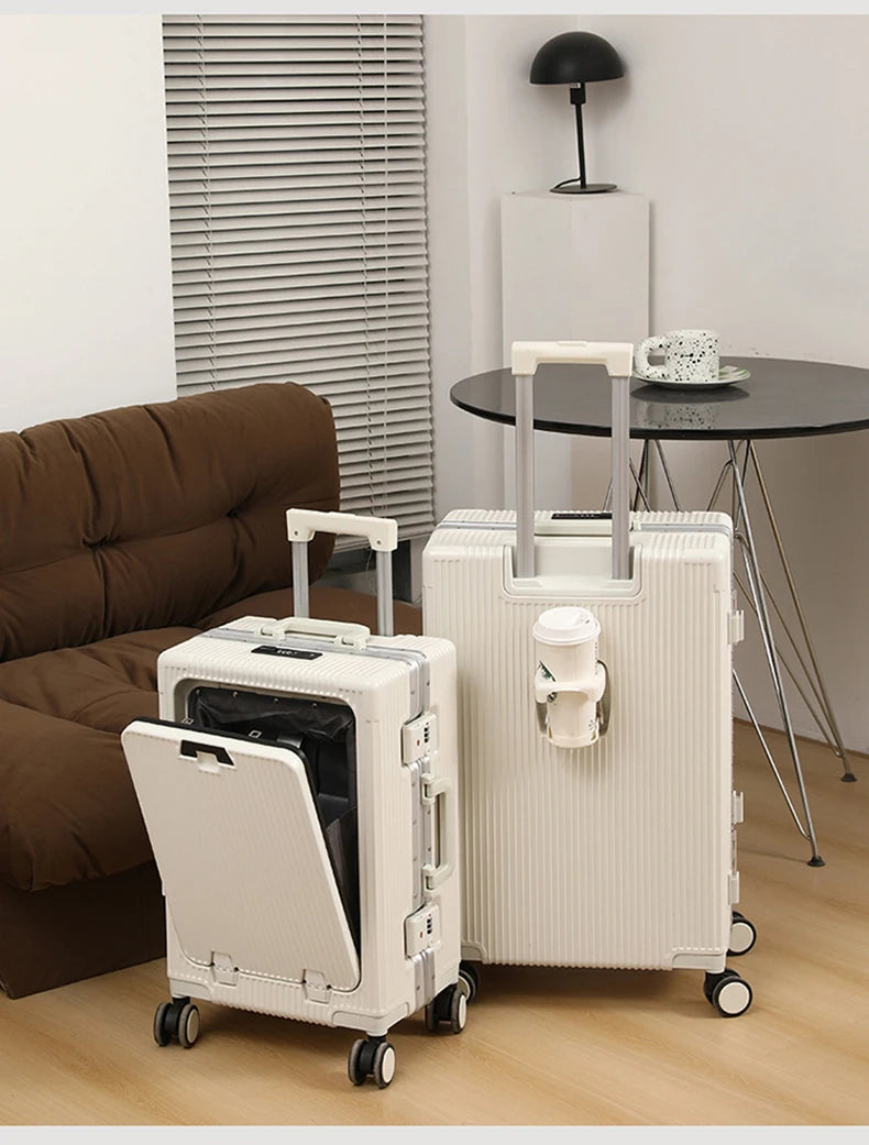 New Travel Luggage Multifunctional Aluminum Frame Trolley Suitcase with USB Cup Holder Large Capacity Bag Boarding Box Suitcase