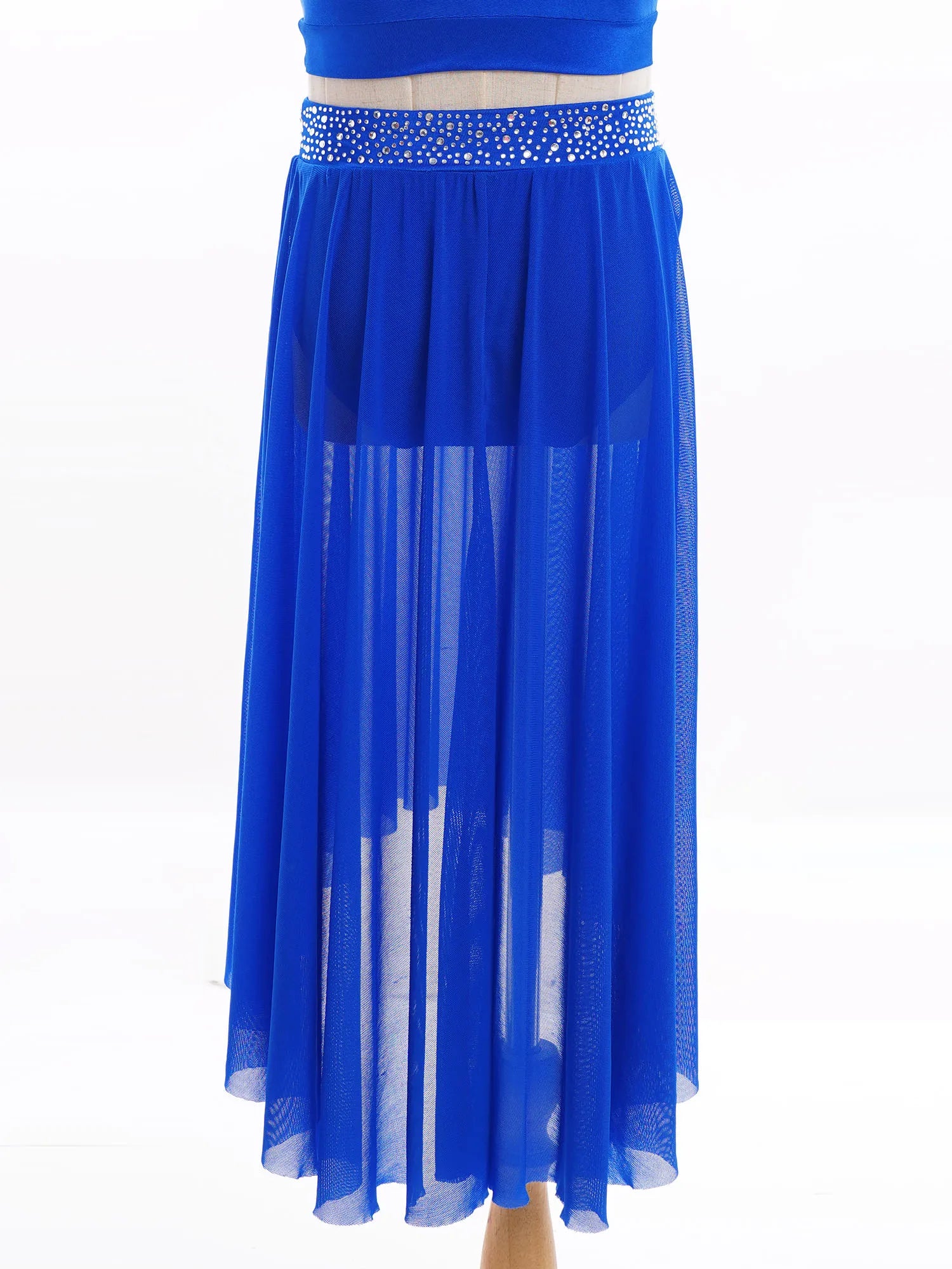 Kids Girls Lyrical Modern Dance Skirt Shiny Rhinestones Open Front Flowy Sheer Mesh Skirt with Built-in Briefs Ballet Dresses