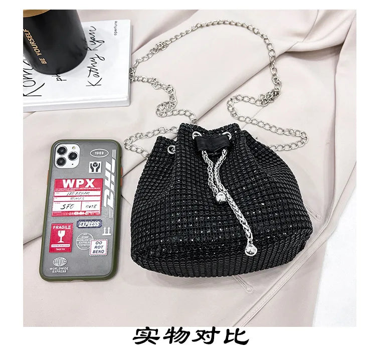 Women Luxury Shoulder Bag Solid Color Rhinestone Glittering Satchel Bag Drawstring Shinny Sling Purse Dinner Party Bag