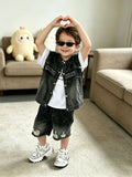 Kids Boys Streetwear Denim Vest & Shorts Set, 2026 New Fashion Black Washed 2PCS Outfit, Casual Loose Fit Summer Suit For Daily