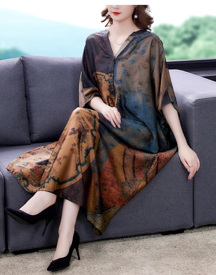 Mulberry Silk Dresses Women's New Summer Long Dress Female Fashion Loose V- Neck High-End Print Pullover Dresses