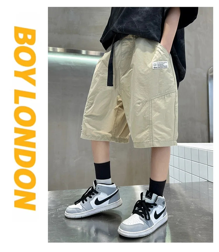 Kids Casual Solid Color Cargo Shorts for Tween Boys Khaki Black Summer Shorts Teenage Child Brief Knee-Length Pants Age 5-14Y