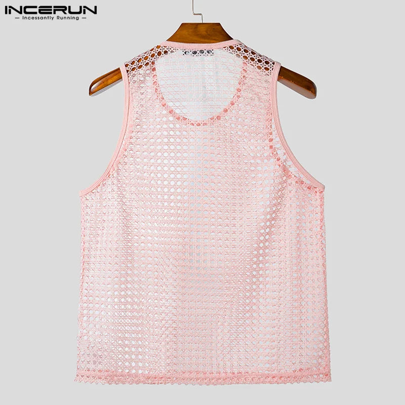 Summer Men Tank Tops Mesh Transparent O-neck Sleeveless Male Vests Sexy Vacation INCERUN 2025 Streetwear Fashion Men Clothing