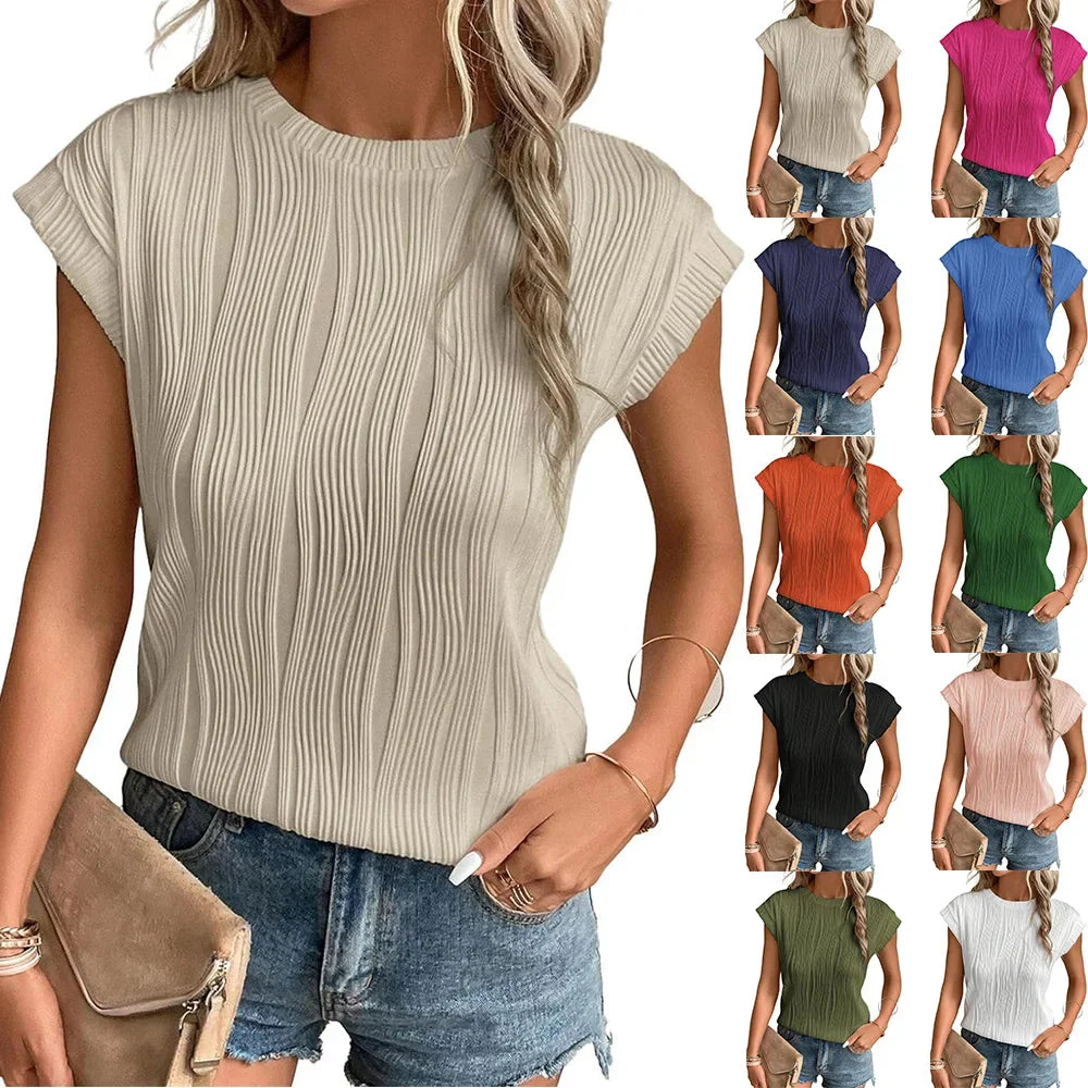 2025 Summer New Womens t-shirt Short Sleeve Textured Tops Crewneck Knit Solid Loose Casual Basic T Shirts Tee Blouses