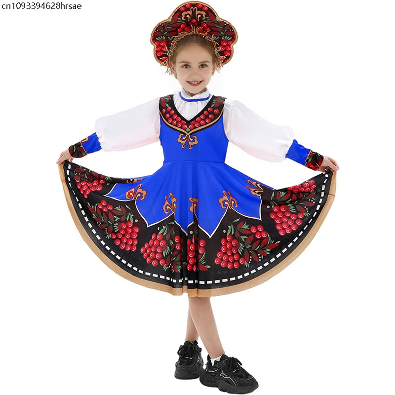 Russian Children Traditional Folk Dance Dress Girls Princess Clothing Tops dress Headwear Carnival Stage Performance Costume
