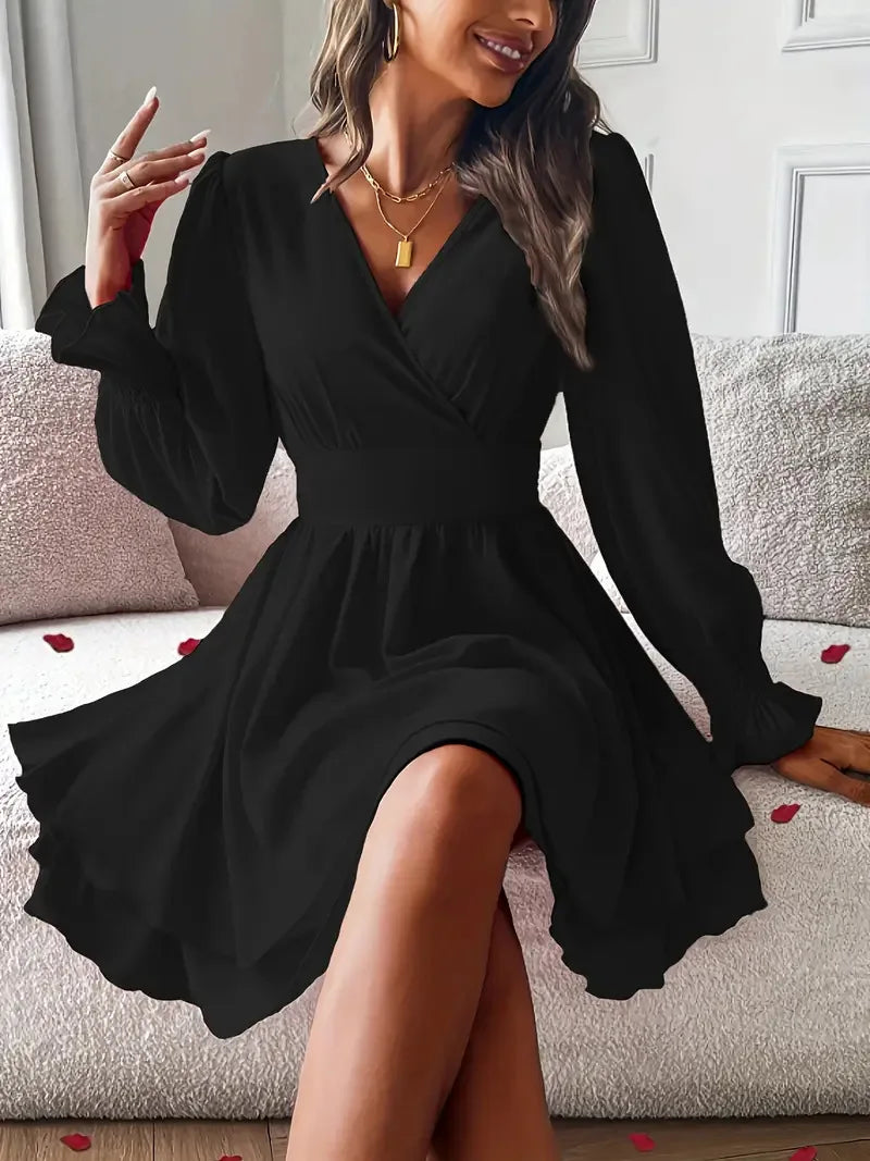 Summer New Dresses 2026 Woman Clothing V-Neck Lantern Sleeve Wrap Mini Dress Ruched Waisted Dress Elegant for Spring Party Dress