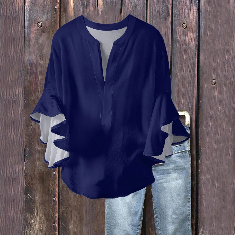 Women's Pure Color Blouse Navy Blue & White Bubble Crepe Shirt with V-Neck and Ruffled Flounce Sleeves, Chic Modern Casual Top