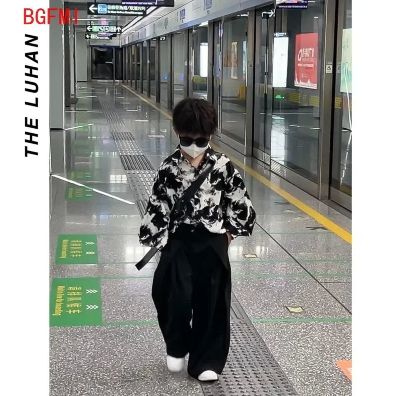 4-14Y Teenage Boy Shirt Outfit Fashion Kids Spring and Autumn Clothing New Korean Ink Painting Shirt and Wide-leg Suit Pants Set