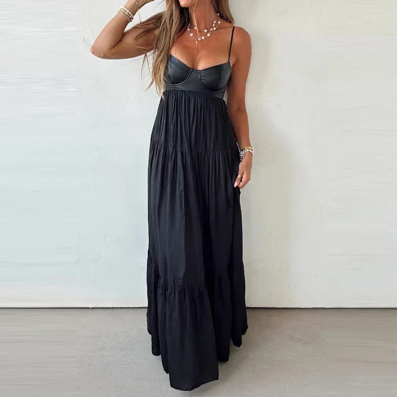 Summer Sexy Color Blocked Beach Vacation Dress Elegant High Waist Off Shoulder Dress Fashion PU Leather Spliced Pleat Maxi Dress