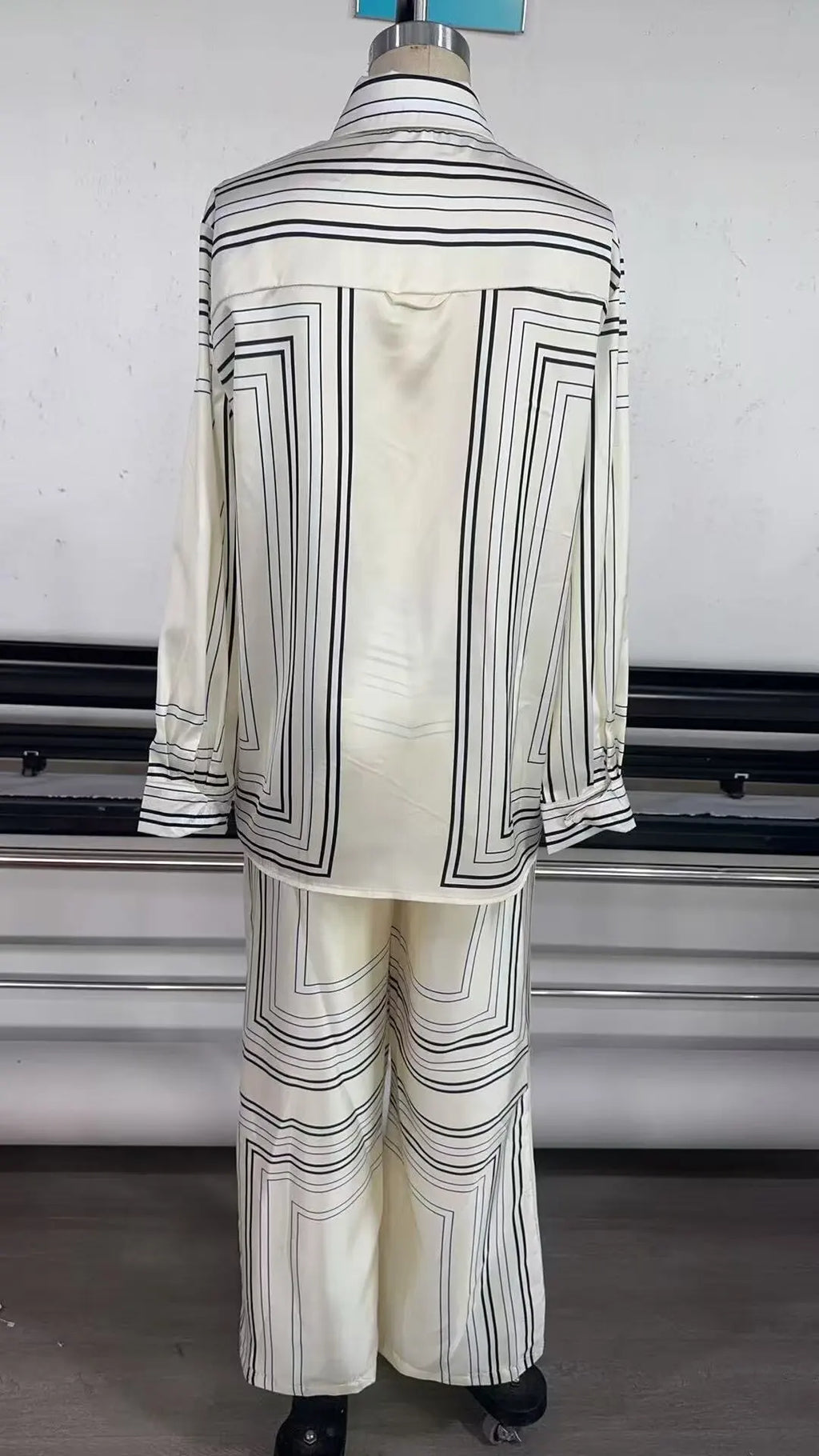 HH 2025 Women Trouser Suit Turn-down Collar Long Sleeve Single-breasted Slim Print Shirt+High Waist Zipper Loose Long Pants