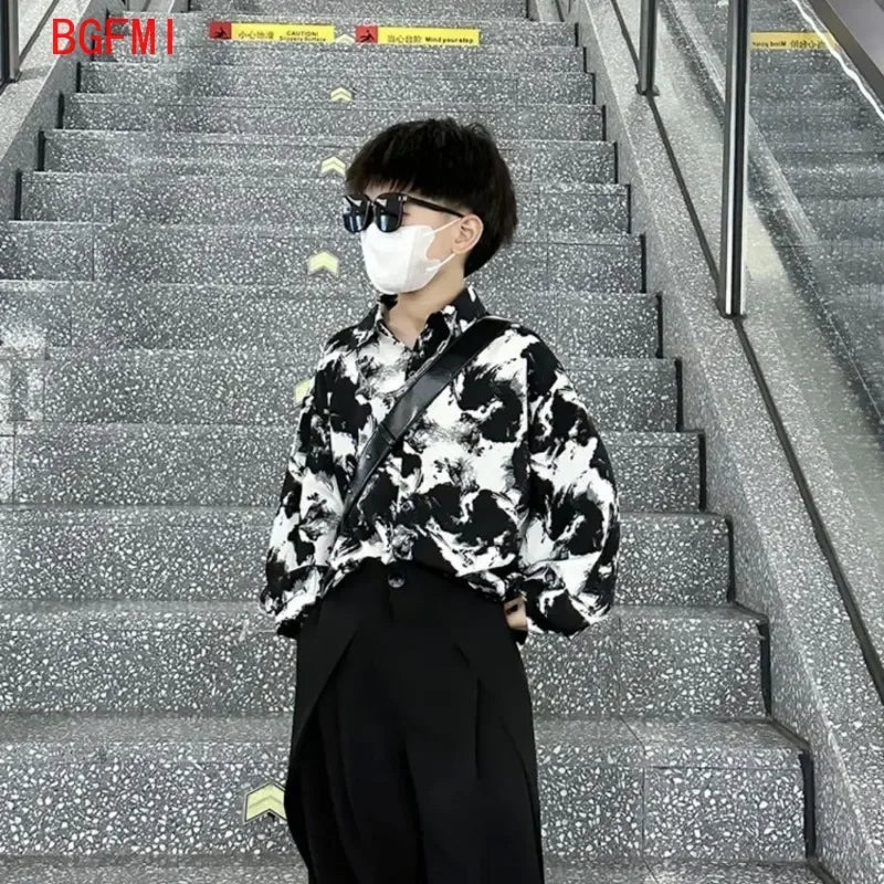 4-14Y Teenage Boy Shirt Outfit Fashion Kids Spring and Autumn Clothing New Korean Ink Painting Shirt and Wide-leg Suit Pants Set