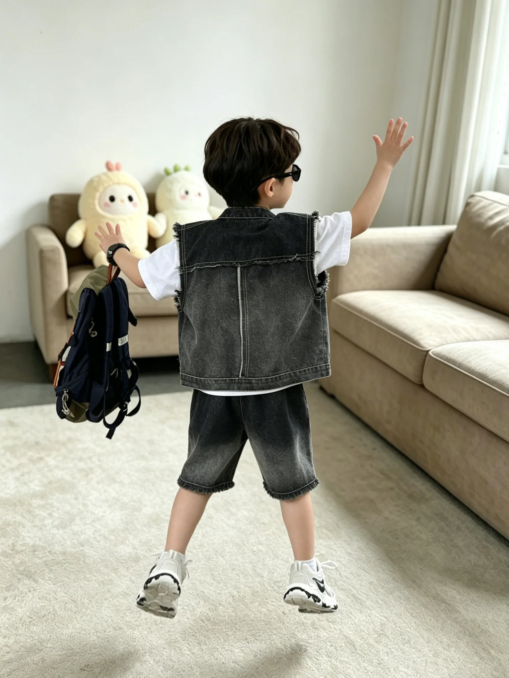 Kids Boys Streetwear Denim Vest & Shorts Set, 2026 New Fashion Black Washed 2PCS Outfit, Casual Loose Fit Summer Suit For Daily