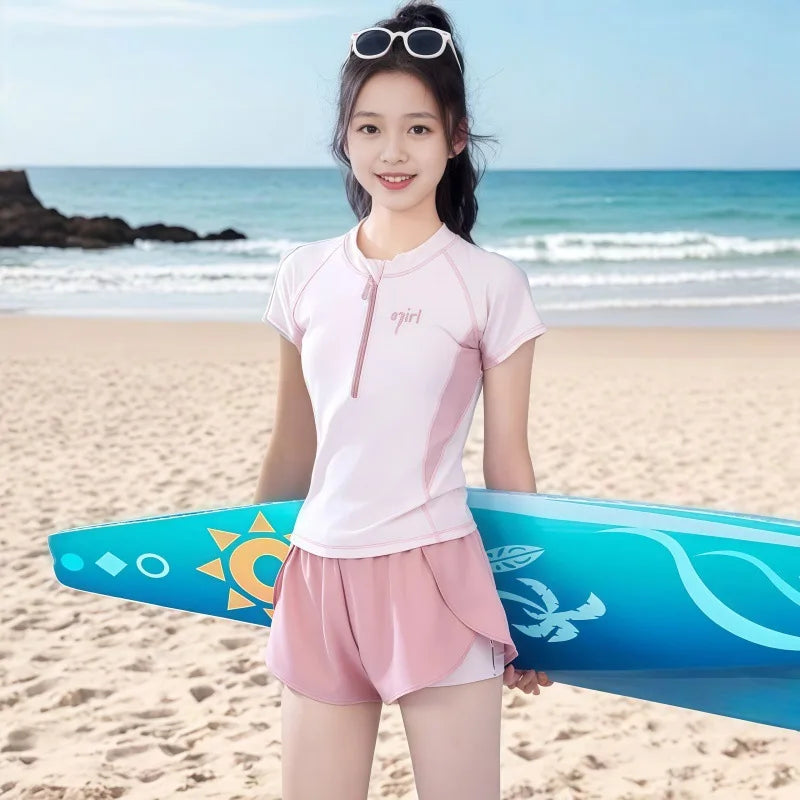 Summer New Girls Swimwear Teen Conservative Two Piece Sports Swimsuit for Developing Youth