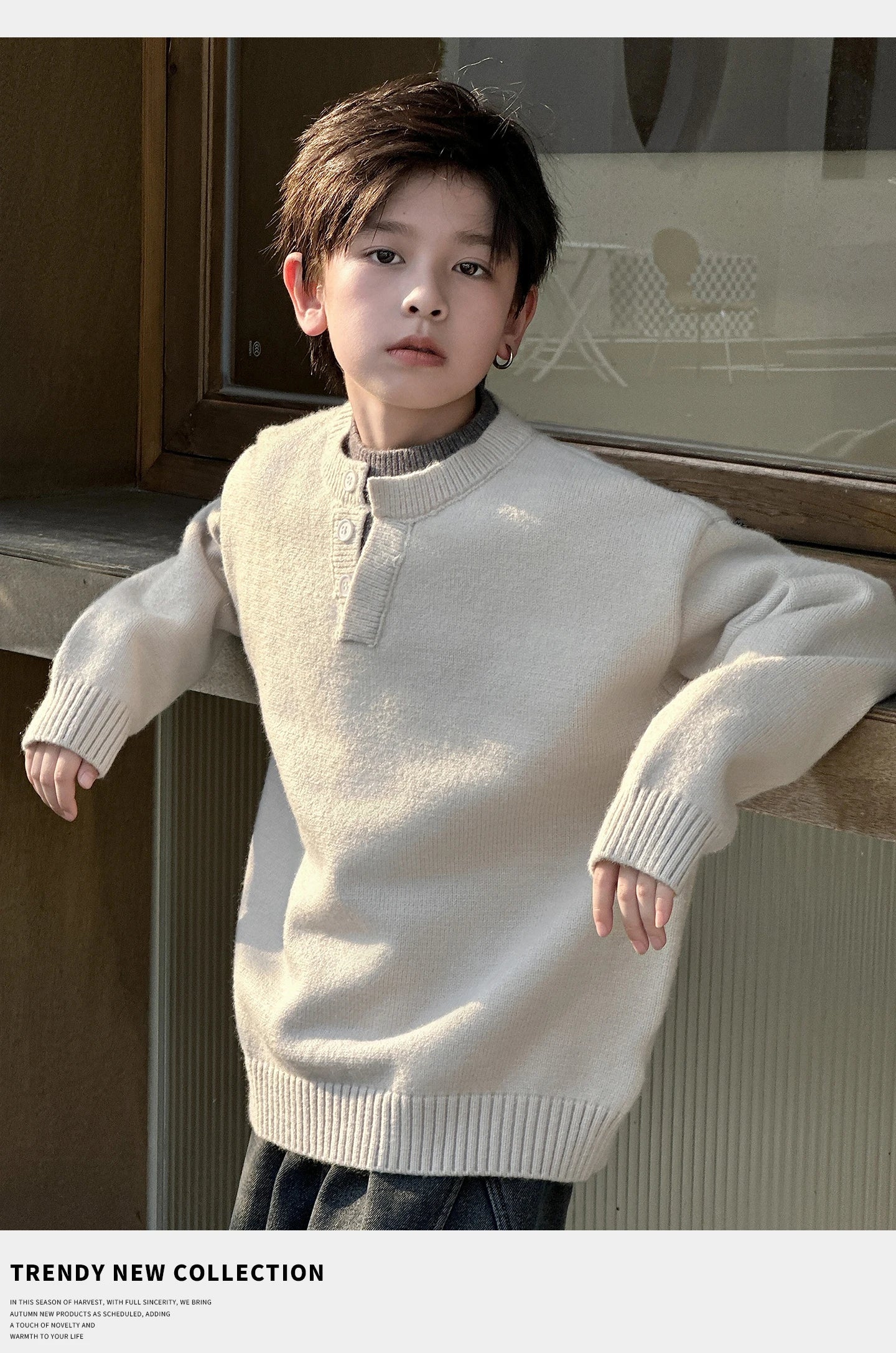 Child Minimalism Style V-Neck Sweater for Tween Boy Beige Grey Color Knitwear Korean Kids Spring Autumn Casual Knitted Clothing