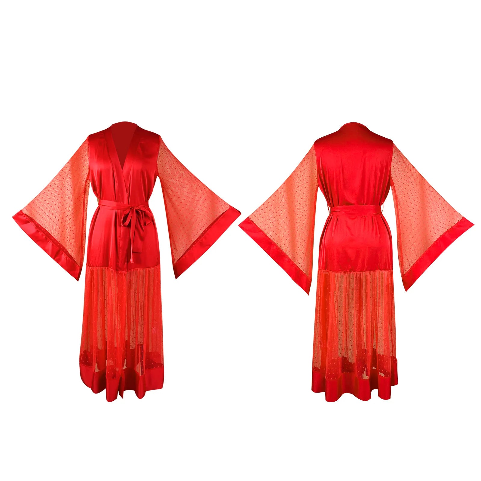 Summer Women Sexy Mesh Maxi Dress V-Neck Belted Polka Dot Sheer Robe Flare Sleeve Party Wedding Nightgown Beach Cover Up Vestido