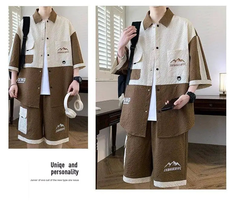 Men's 2 Piece Matching Set Short Sleeve Button Down Shirt + Cargo Shorts Textured Color Block Outfit Loose Fit Summer Lounge Set