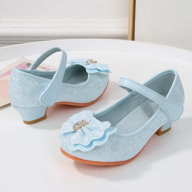 Elegant Girl High Heel Shoes for Princess 2026 New Children's Baby Fashion Party Shoes Sweet Bowknot Kids Sequins Leather Shoes