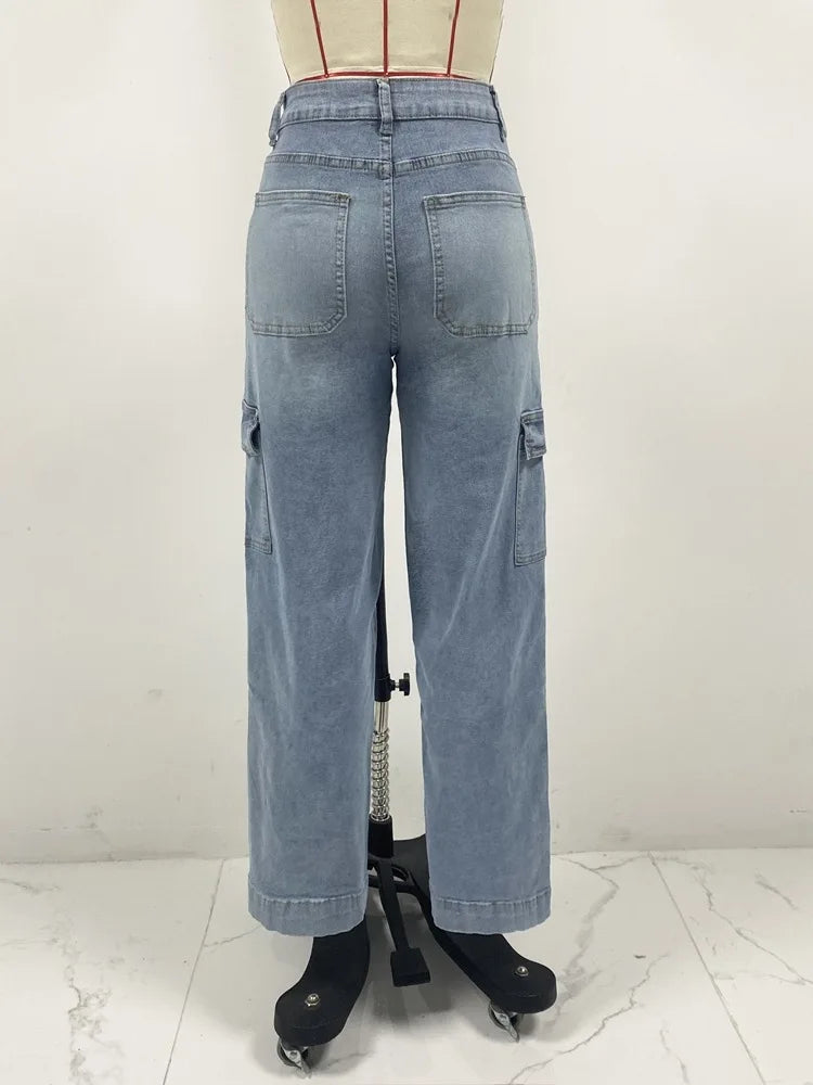 2026 Women's Casual Straight Leg Jeans Pants Fashion Style Belt and Multiple Pockets Functional Work Pants Female Cargo Trousers