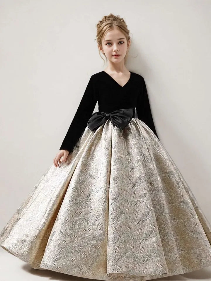 Girls Long Sleeve Black Party Dress New Kids Pageant Gown for Fashion Show Piano Performance Formal Wear Autumn Winter Children