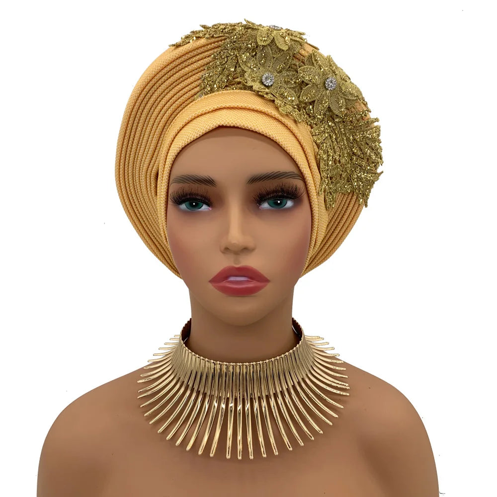 Elegant African Autogele Women's Turban Cap Nigeria Wedding Gele Ready to Wear Headtie with Embroidery Lace Party Headwear