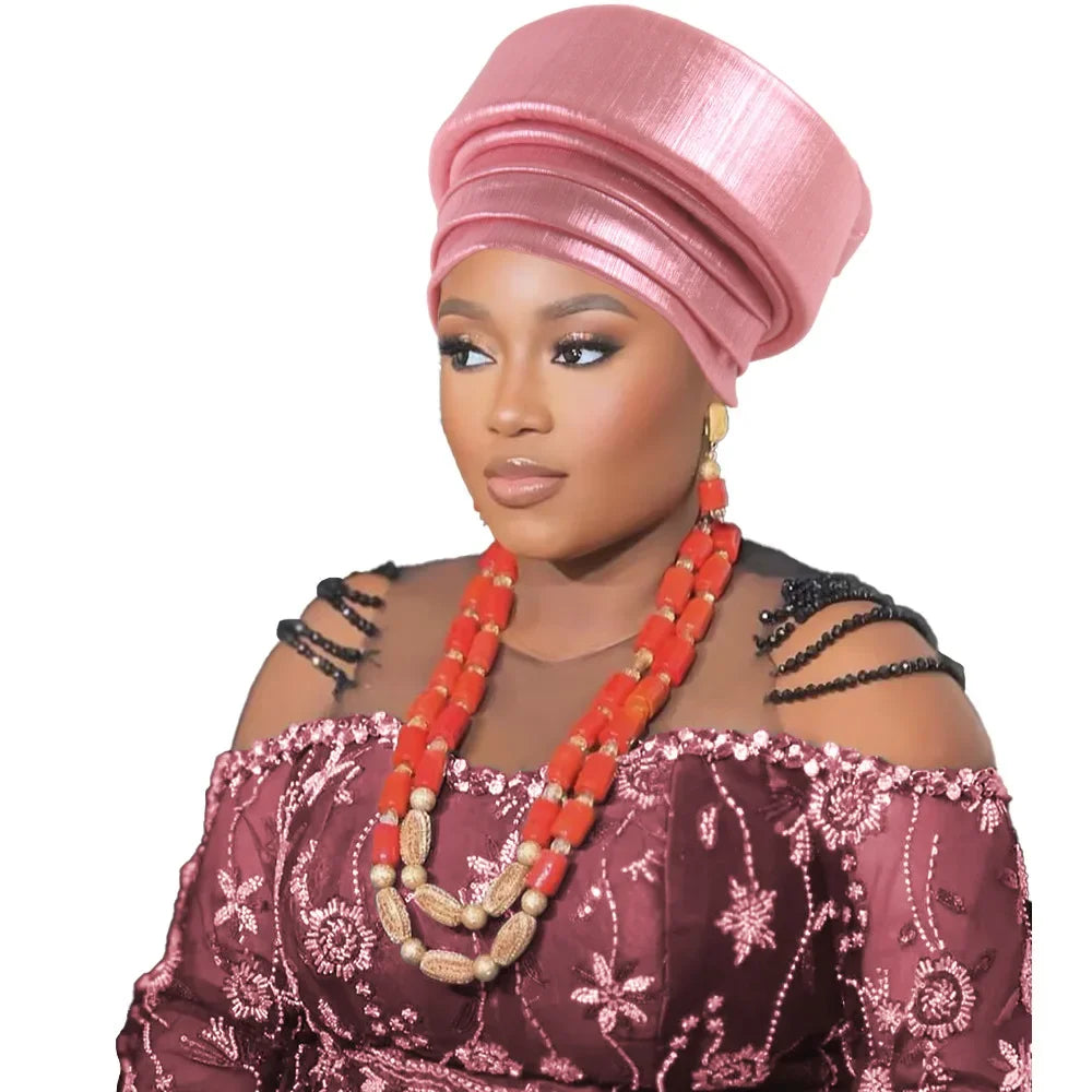 Already Made African Headtie Turban Cap Nigeria Party Headgear Female Head Wraps Pleated Auto Gele Cap Headpiece 2025