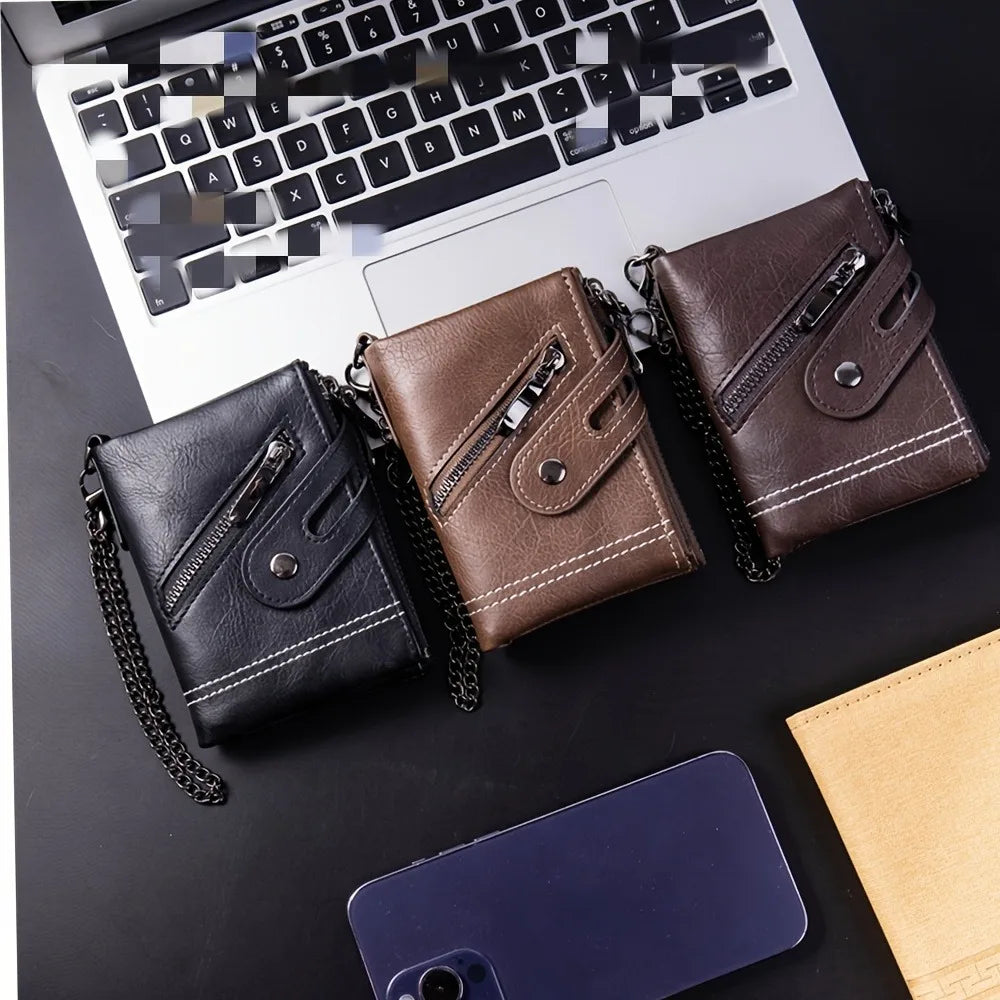 New Men's Chain Wallet RFID Anti-Theft Men's PU Leather Wallet Double Zipper Coin Purse Credit Card Holder for Men and Women