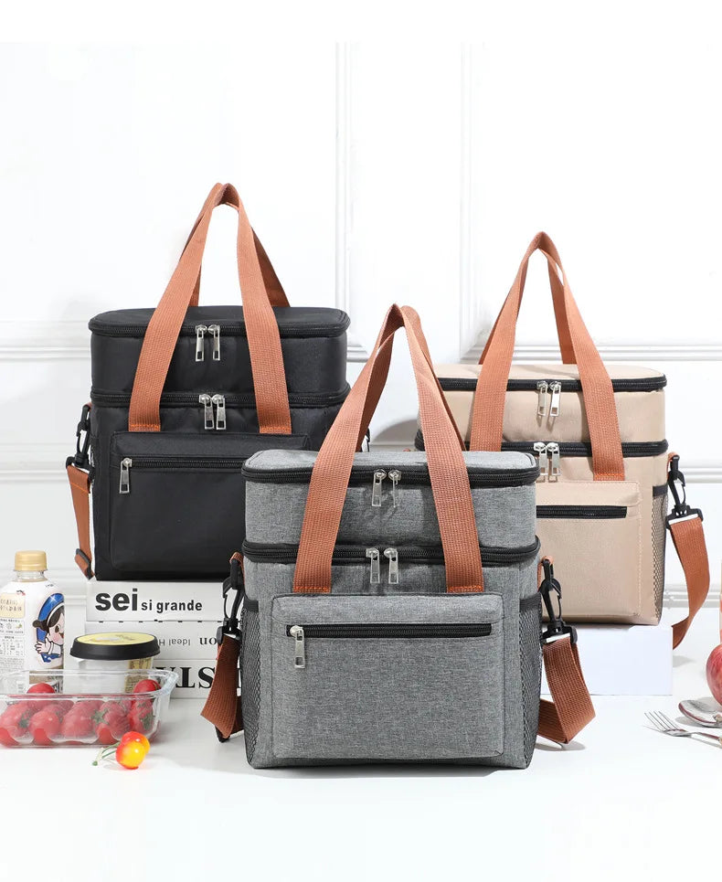 Thermal Lunch Bag Double Layers Large Capacity Lunch Boxes Bags Portable Crossbody Picnic Food Drink Storage Bag Cooler Tote New