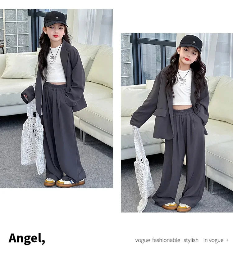 Girls Blazer Set Spring Autumn Fashion Loose Fit Jacket Trousers 2-Piece Kids Casual Outfit Trendy School Children Clothes Suit