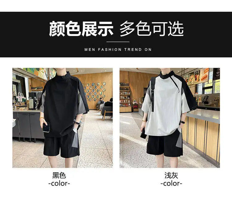 【T-Shirt + 5-Point Shorts】Men's T-Shirt Set Summer Fashion Nylon Blend Diagonal Neck Streetwear Sports Leisure Two-Piece Suit