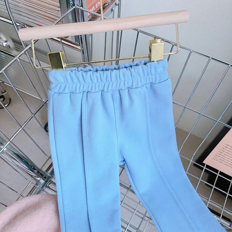 Girls Set 2024 Spring Autumn Girls Treasure Bow Two Piece Set Baby Coat Pants Blue Two Piece Set