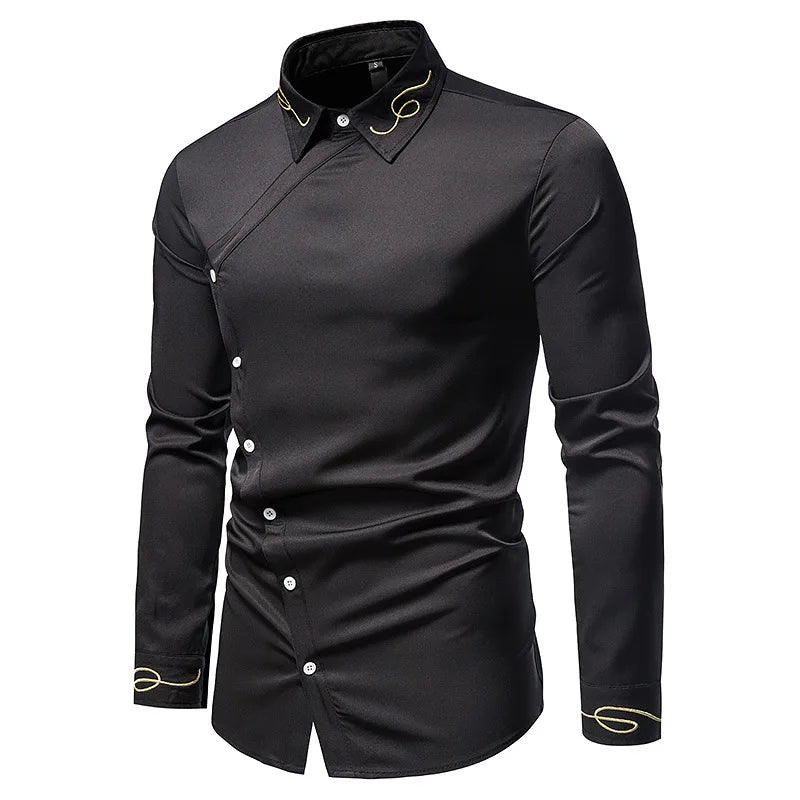 Men's Irregular Oblique Button Up Dress Shirts Streetwear Luxury Elegant Embroidery Business Shirt Chemise Homme Mens Blouses