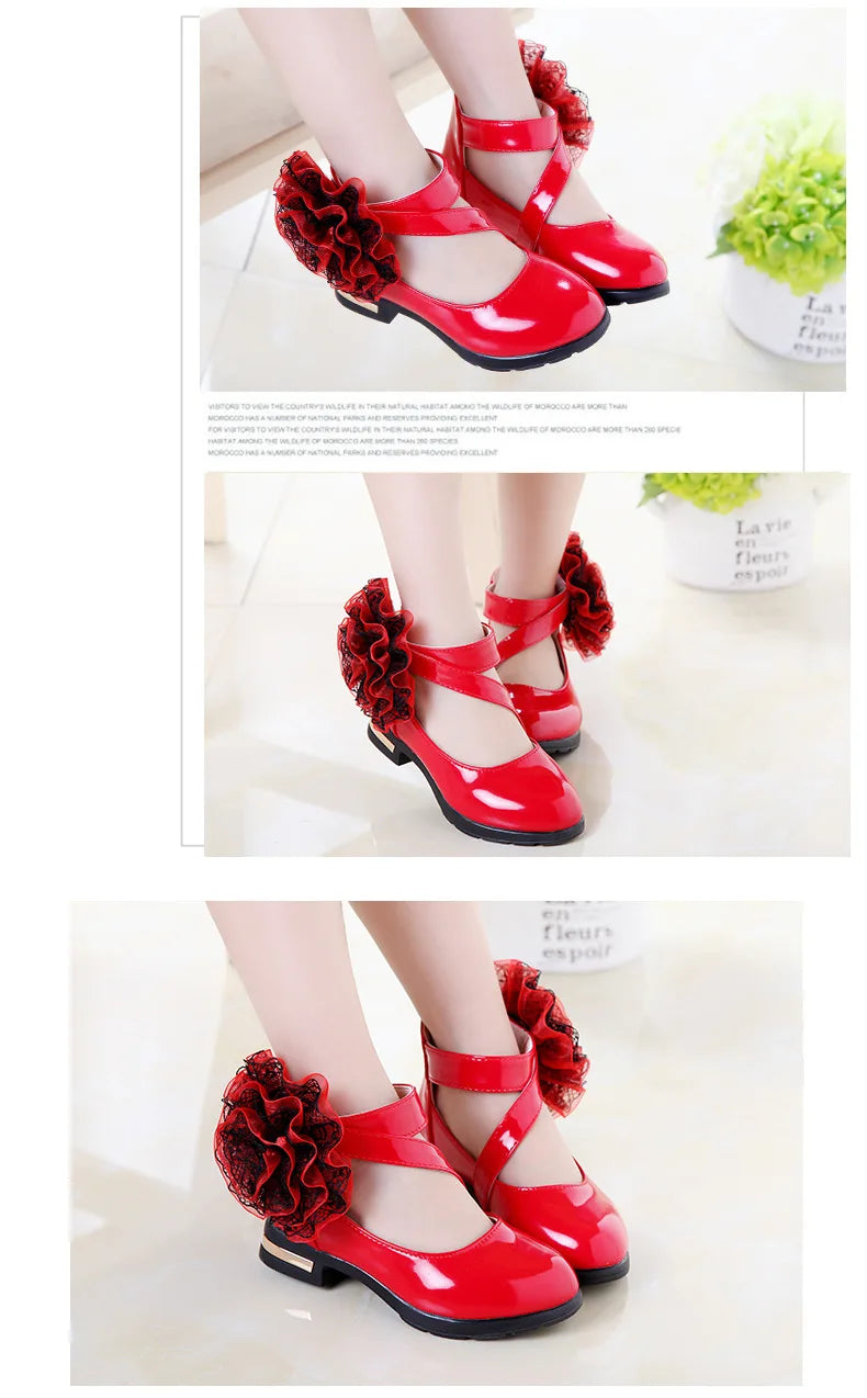 Girls Leather Shoes for Party Wedding Kids Performance Shoes with Butterfly-knot Fashion Children High Heels Rhinestone Shoes