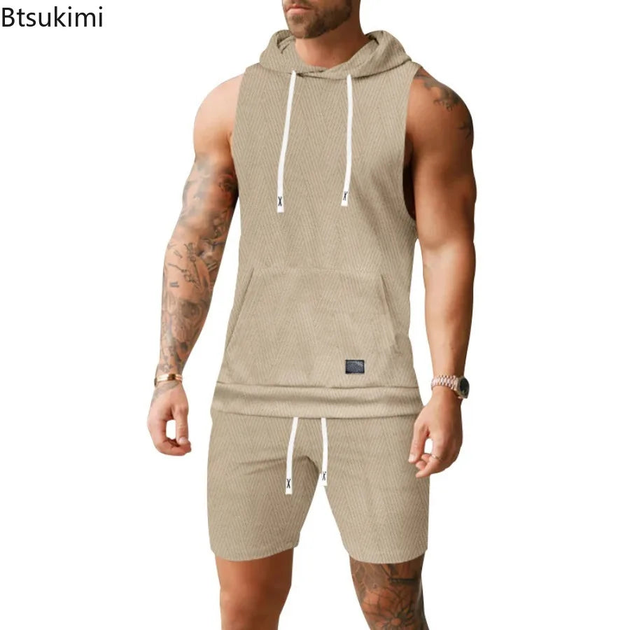 2026 Men's Casual 2 Piece Set Fashion Jacquard Knitted T-shirt Hooded Sleeveless Vest Elastic Waist Shorts Jogging Fitness Suit