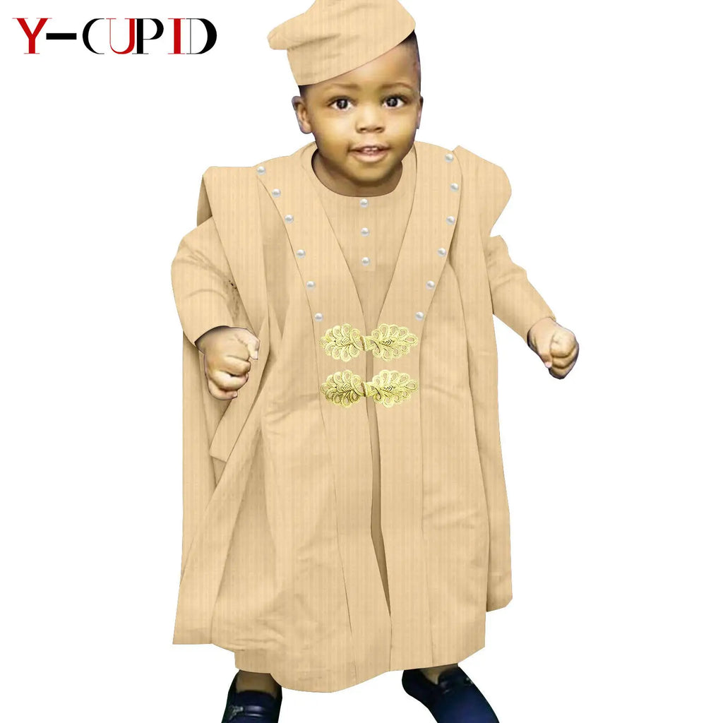 African Boy Outfit Bazin Riche Muslim Jacquard 4 Pieces Sets Tee Pant Robes and Cap Kids Children Suits Agbada Outwear Y234017