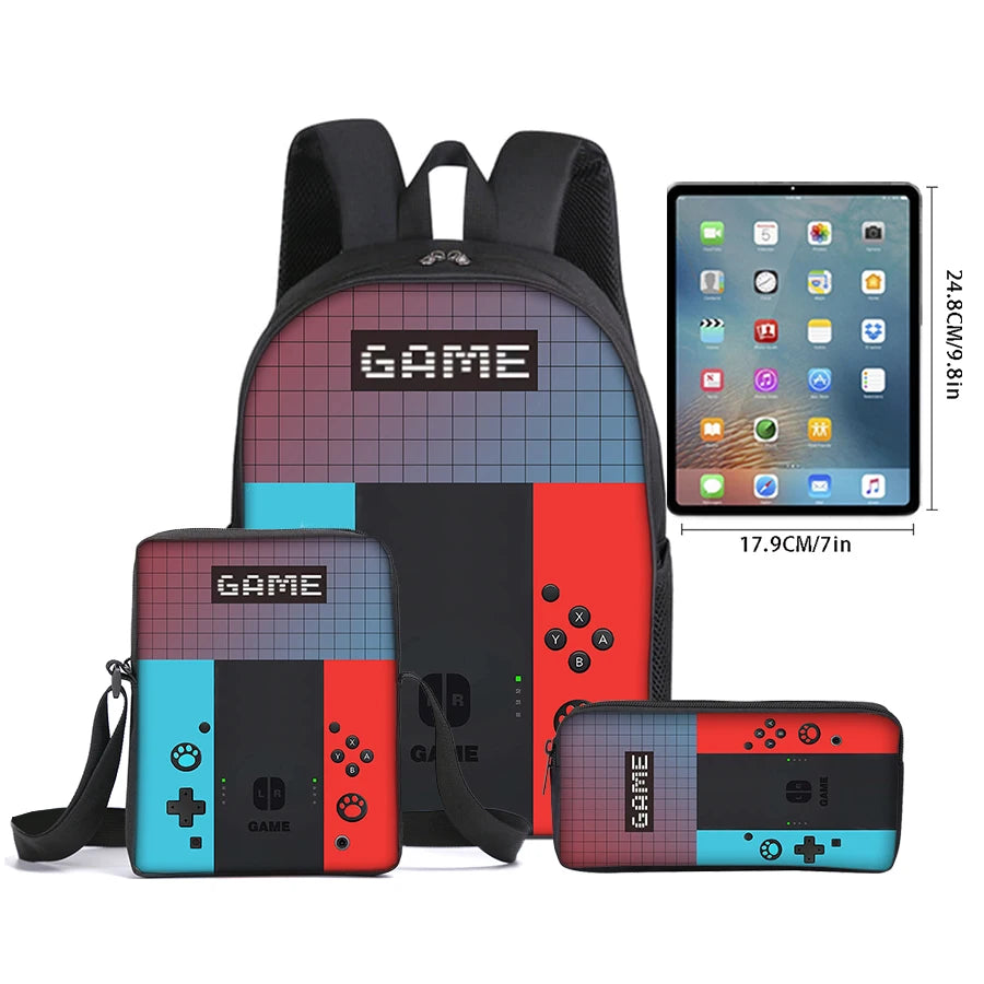 3 Pcs Set Games Console Messenger Bag ,Pencil Bag ,School Bags For Boy/Girls Children Best Gifts Cartoon School Backpack