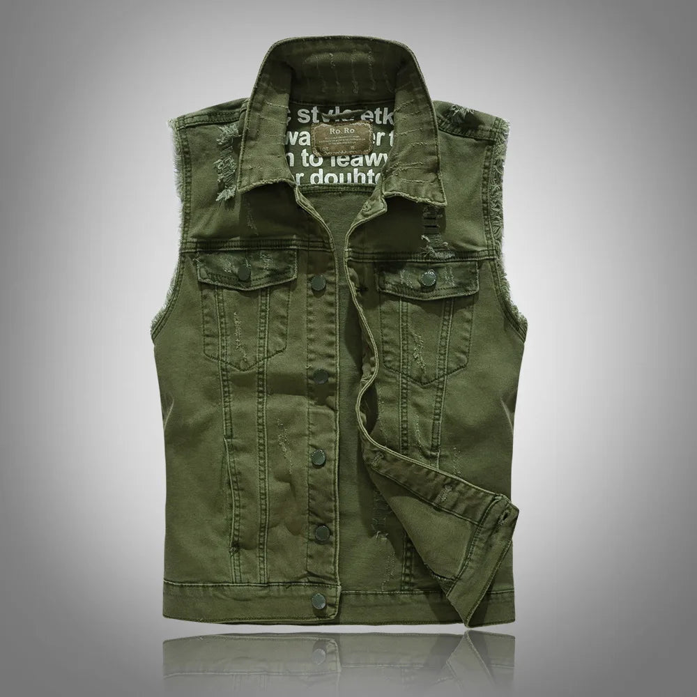 New Fashion Men Ripped Denim Vests Jackets Man Trendy Casual Sleeveless Coats Male Streetwear Personality Slim Jeans Waistcoats