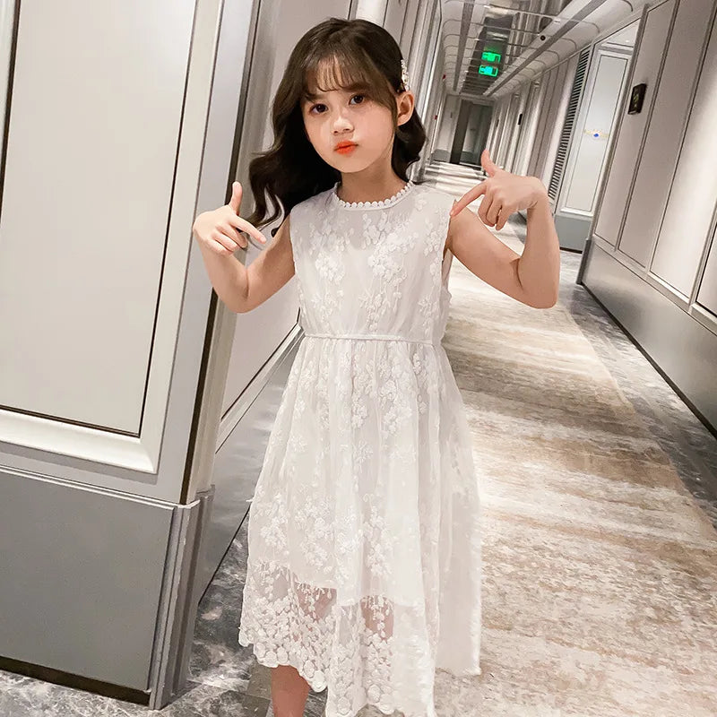 2026 summer Teenager kids Girls clothes floral mesh Princess white Dress lace off shoulder sleeveless 5 6 7 8 9 10 11 12 Years