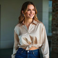 Chic Elegant Blouses For Youth Women 2025 Summer New Lady's Blouses Plain Shirts & Blouses Long Sleeve Top Sweet Satin Shirts