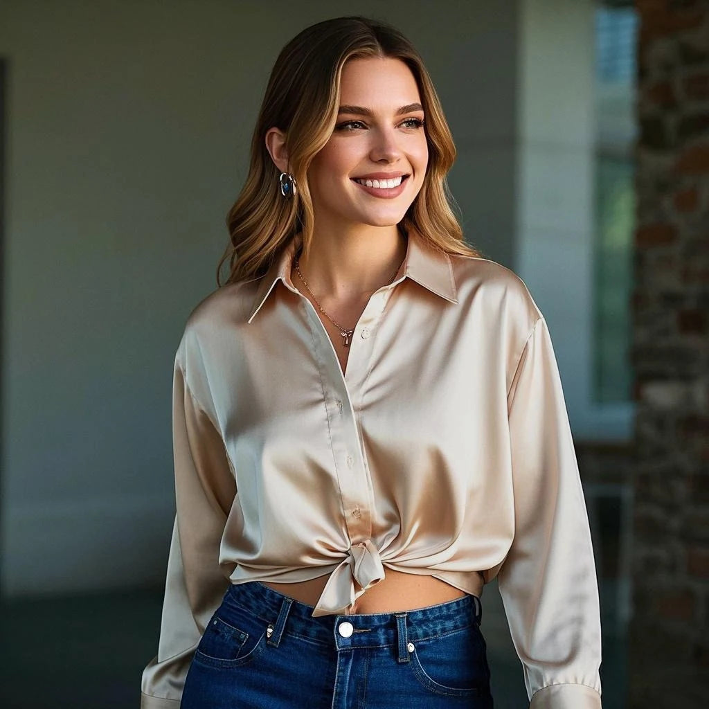 Chic Elegant Blouses For Youth Women 2025 Summer New Lady's Blouses Plain Shirts & Blouses Long Sleeve Top Sweet Satin Shirts
