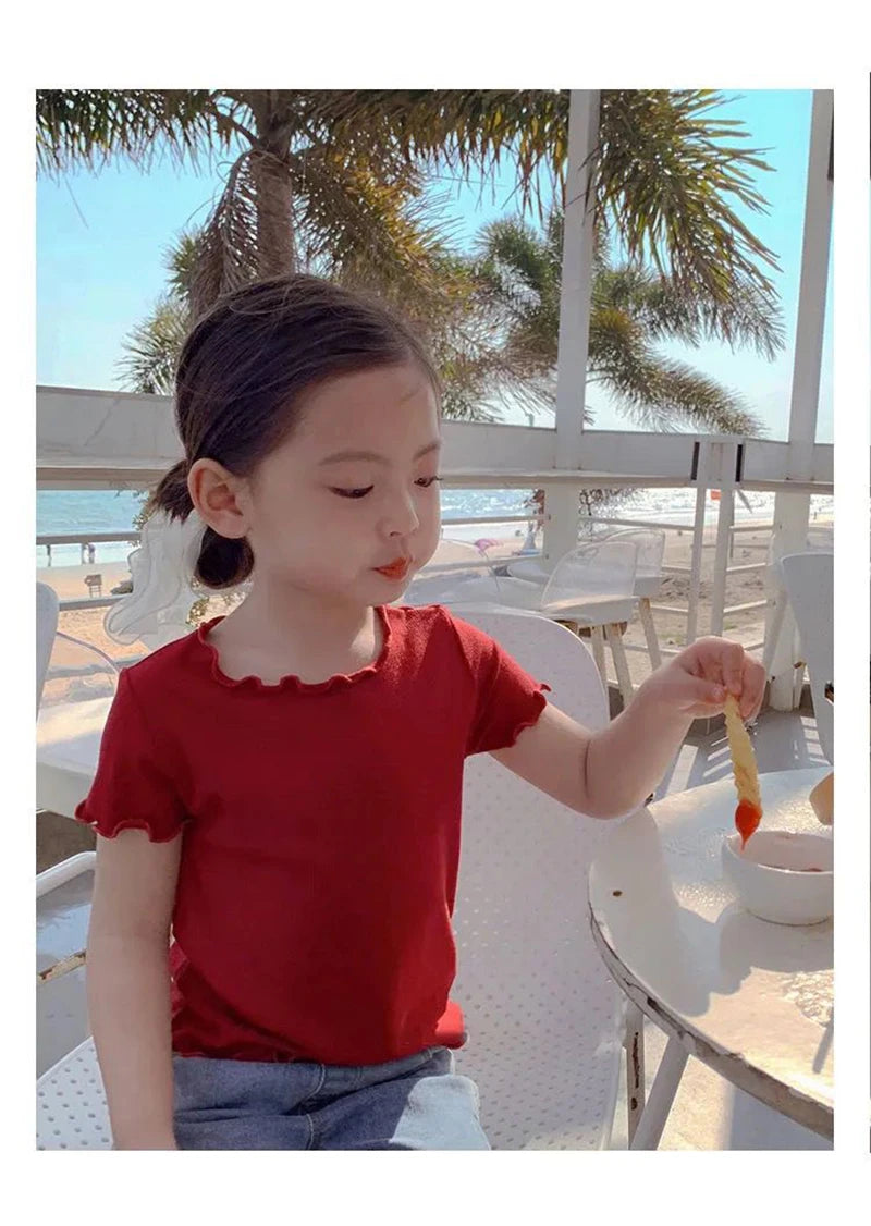 Baby Girls T-Shirt Summer Kids Short Sleeve Tops Tees Soft Ice Silk Fabric Toddler Solid Color Shirts Children's Clothing 1-10Y