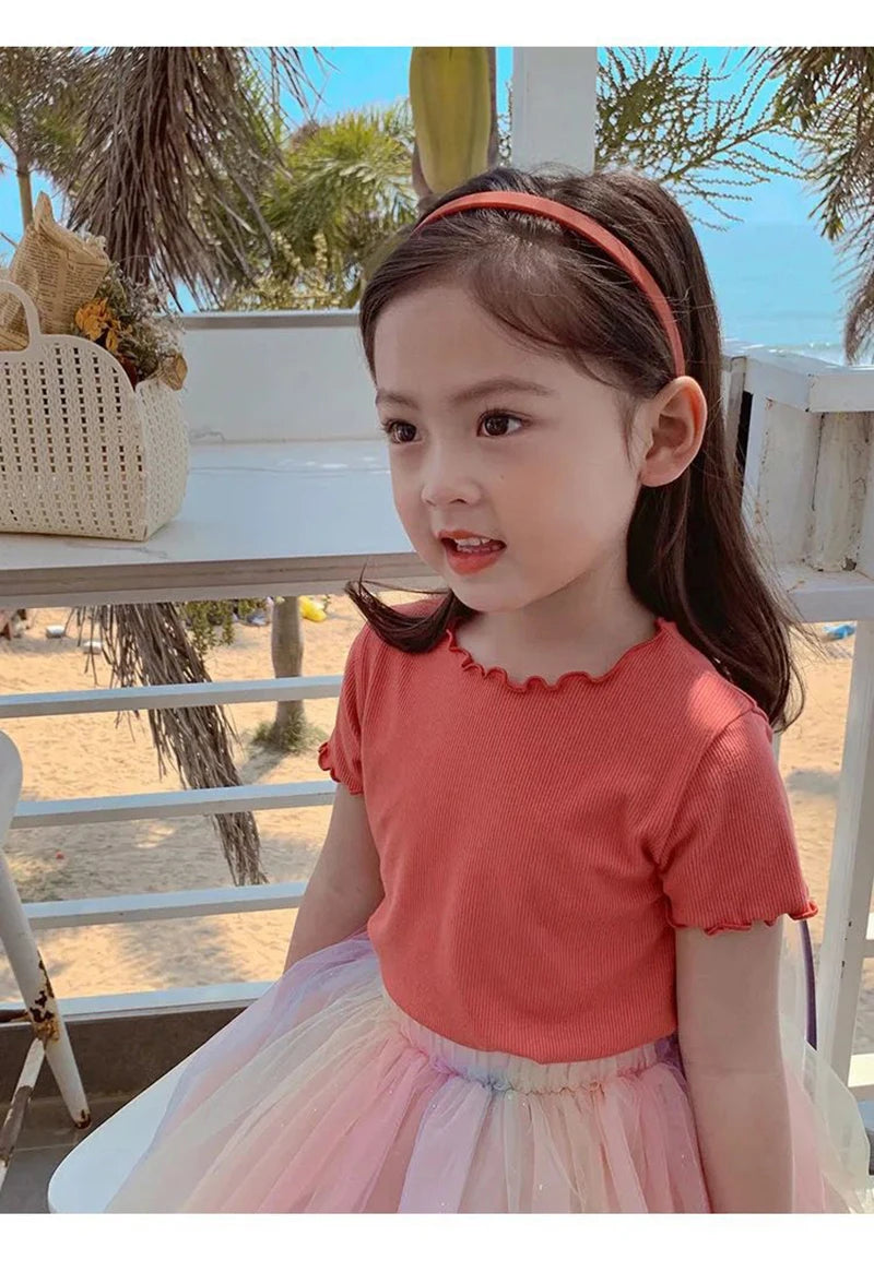 Baby Girls T-Shirt Summer Kids Short Sleeve Tops Tees Soft Ice Silk Fabric Toddler Solid Color Shirts Children's Clothing 1-10Y