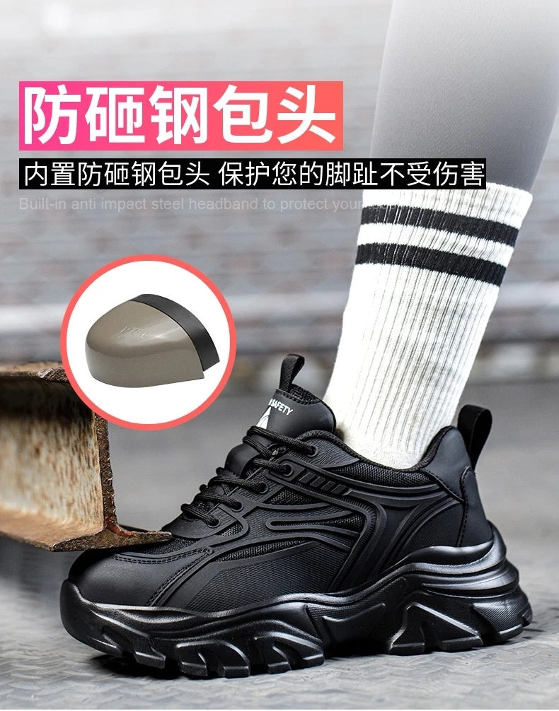 Women's safety shoes with steel toe caps, anti smashing and anti puncture rotating buttons, no tie up, hot selling shoes