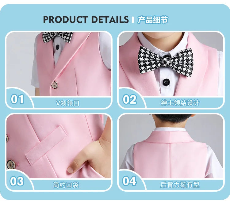 Boys Summer Vest Shirt Shorts Formal Dress Kids Candy Color Waistcoat Wedding Clothes Sets Child Uniforms Toddler Tuxedo Costume