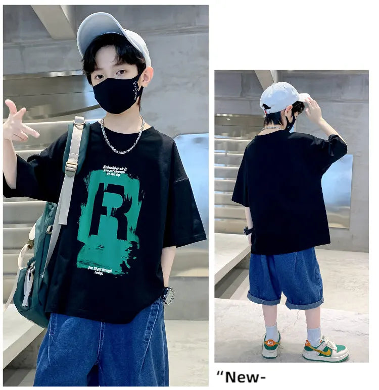 New Kids Boy Casual Tshirts Tops Novelty Printed Summer Children's T-shirt Short Sleeve Clothes Teenager Khaki Black Cotton Tees