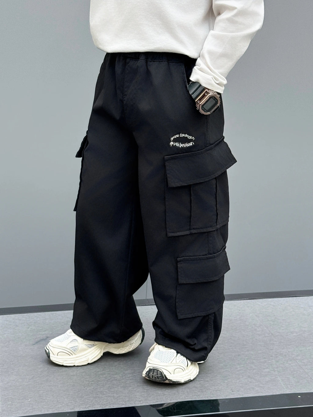 Toddler Boy Khaki Cargo Pants, Elastic Waist Multi-Pocket Casual Trousers With Embroidery Detail, Loose Fit Streetwear For Kids