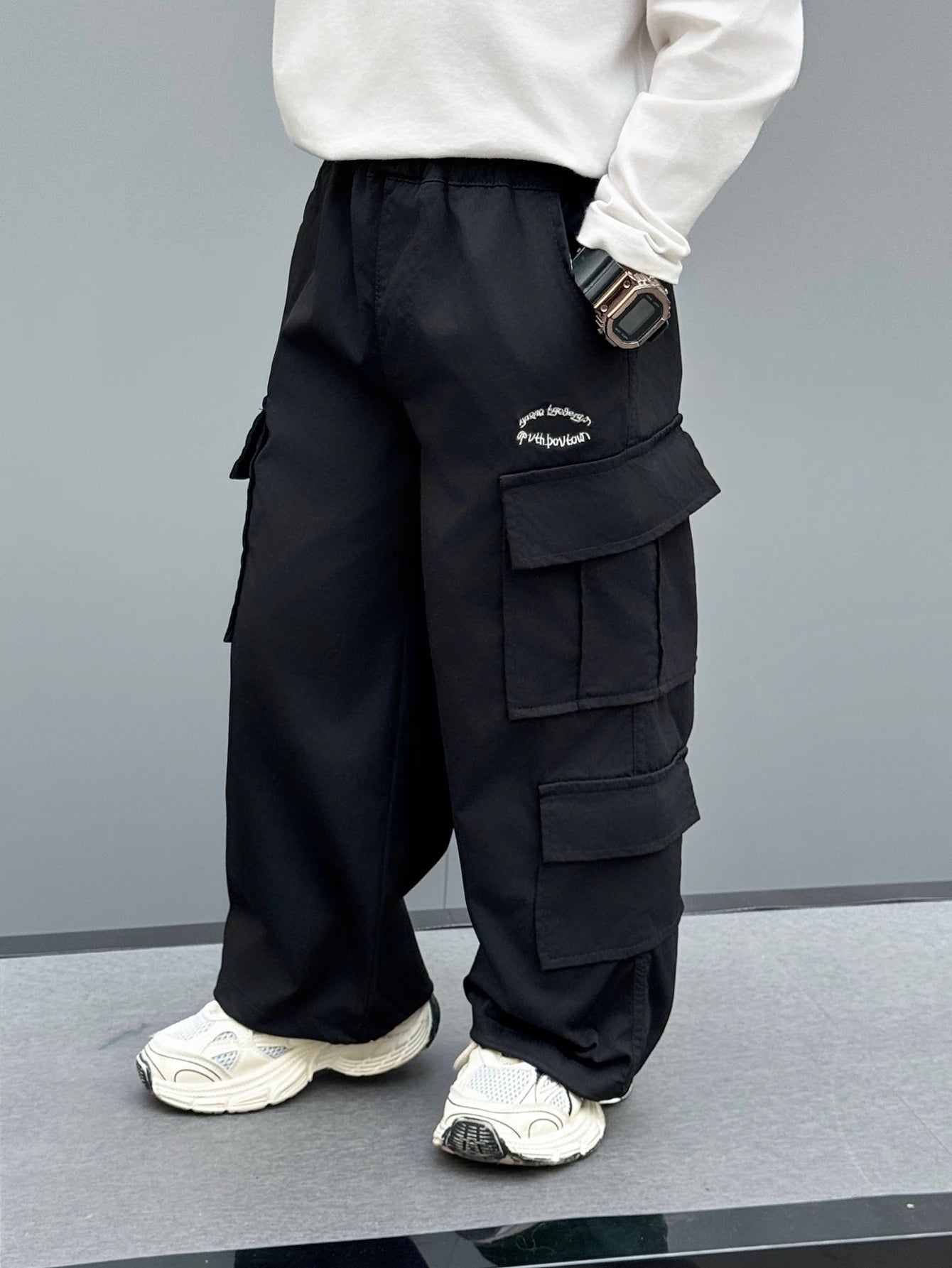 Toddler Boy Khaki Cargo Pants, Elastic Waist Multi-Pocket Casual Trousers With Embroidery Detail, Loose Fit Streetwear For Kids