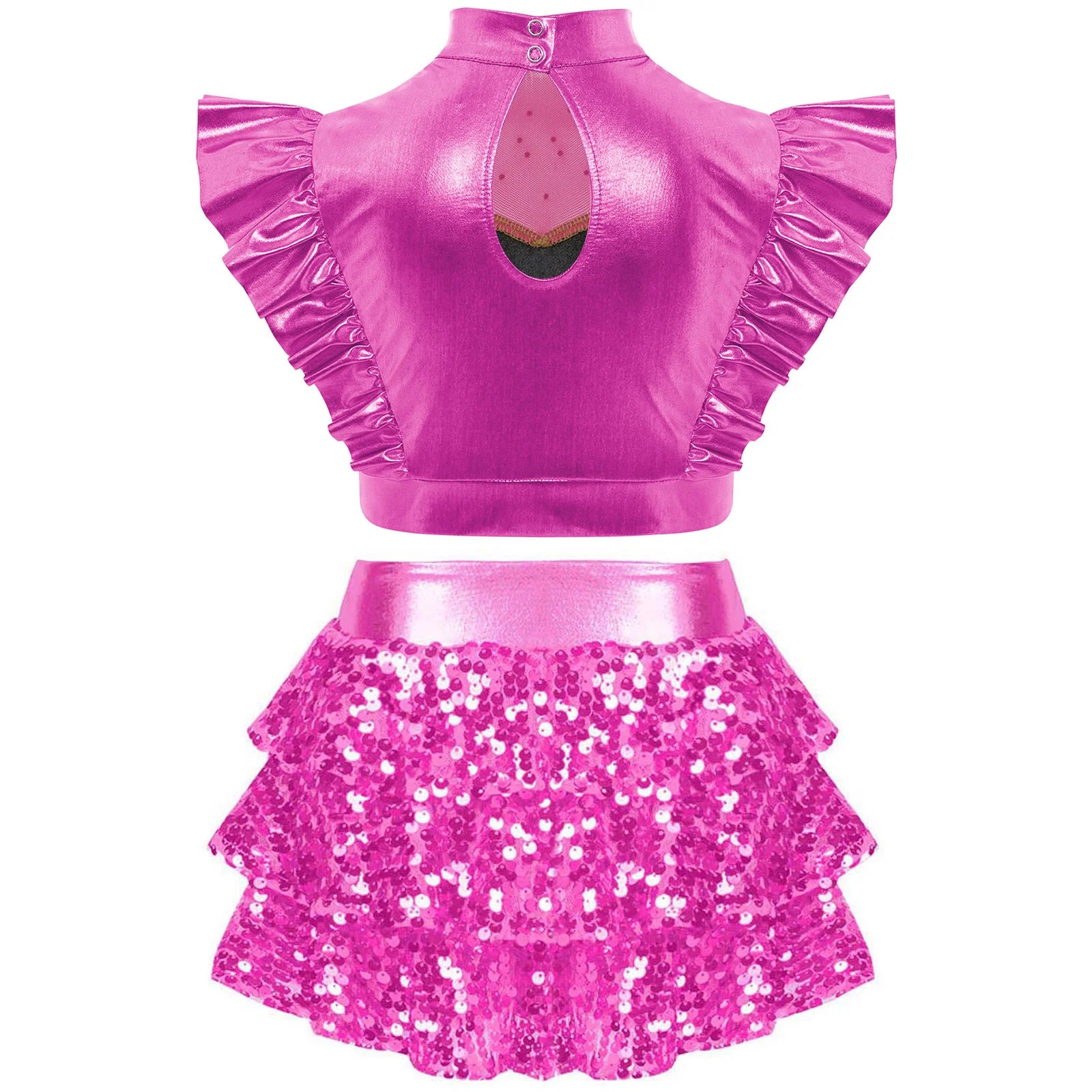 Kid Girls Hip Hop Dance Clothes Kids Jersey Sequin Tiered Skirt Long Tank Top Jazz Metallic Holographic Crop To Cheerleading Set