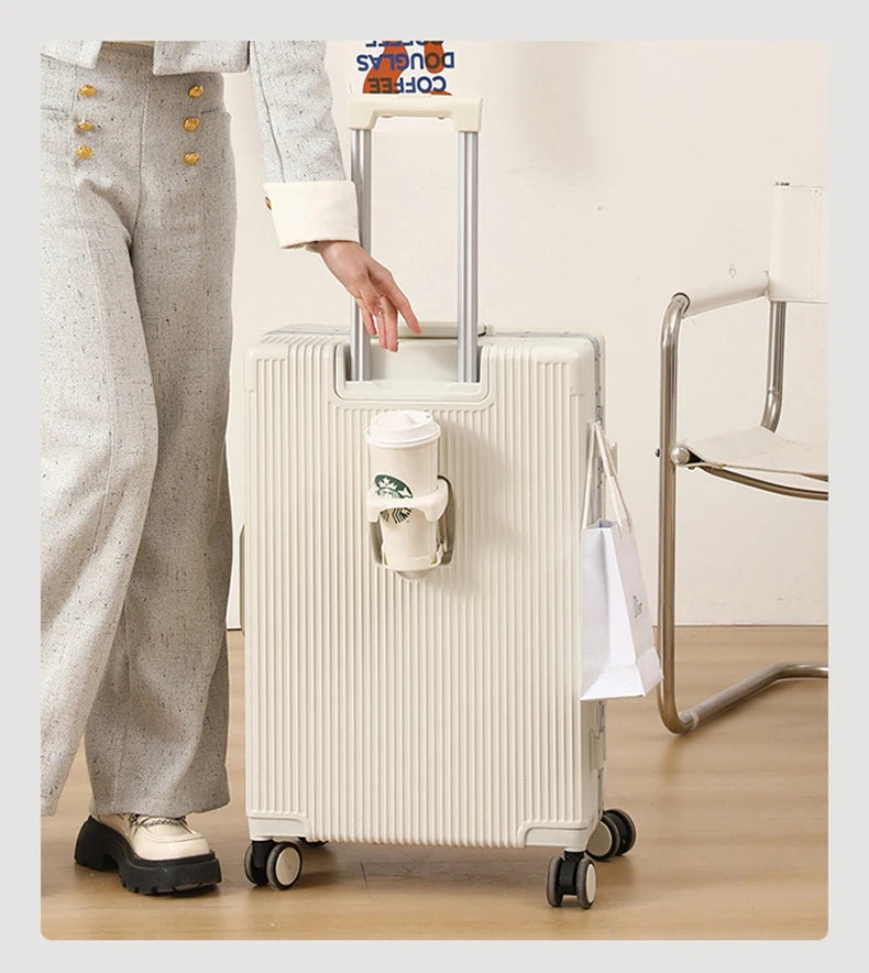 New Travel Luggage Multifunctional Aluminum Frame Trolley Suitcase with USB Cup Holder Large Capacity Bag Boarding Box Suitcase