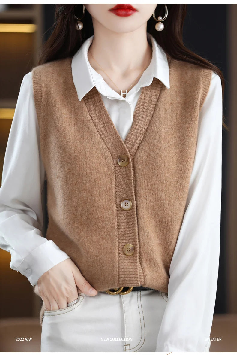 Girls Wear New Women's Loose High-End Waistcoat Knit Vest Wool V-Neck Solid Color Button Sleeveless Fashion Coat Cardigan Trend